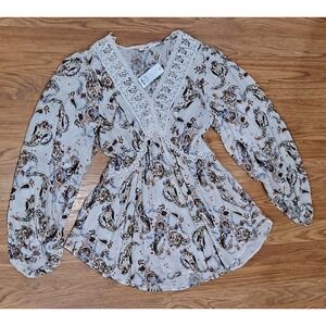 NWT Mi Ami Womens M Tunic Floral Pleated Cinched Crochet Neck Boho Hippie Top